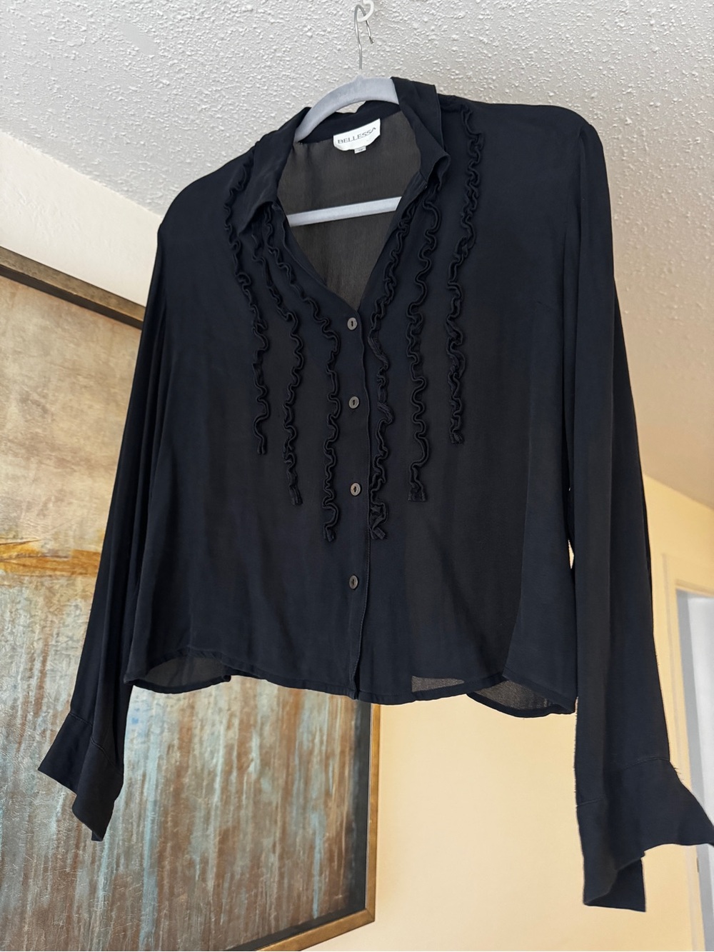 Ruffle-Trim Black Button-Front 100% Silk Blouse
